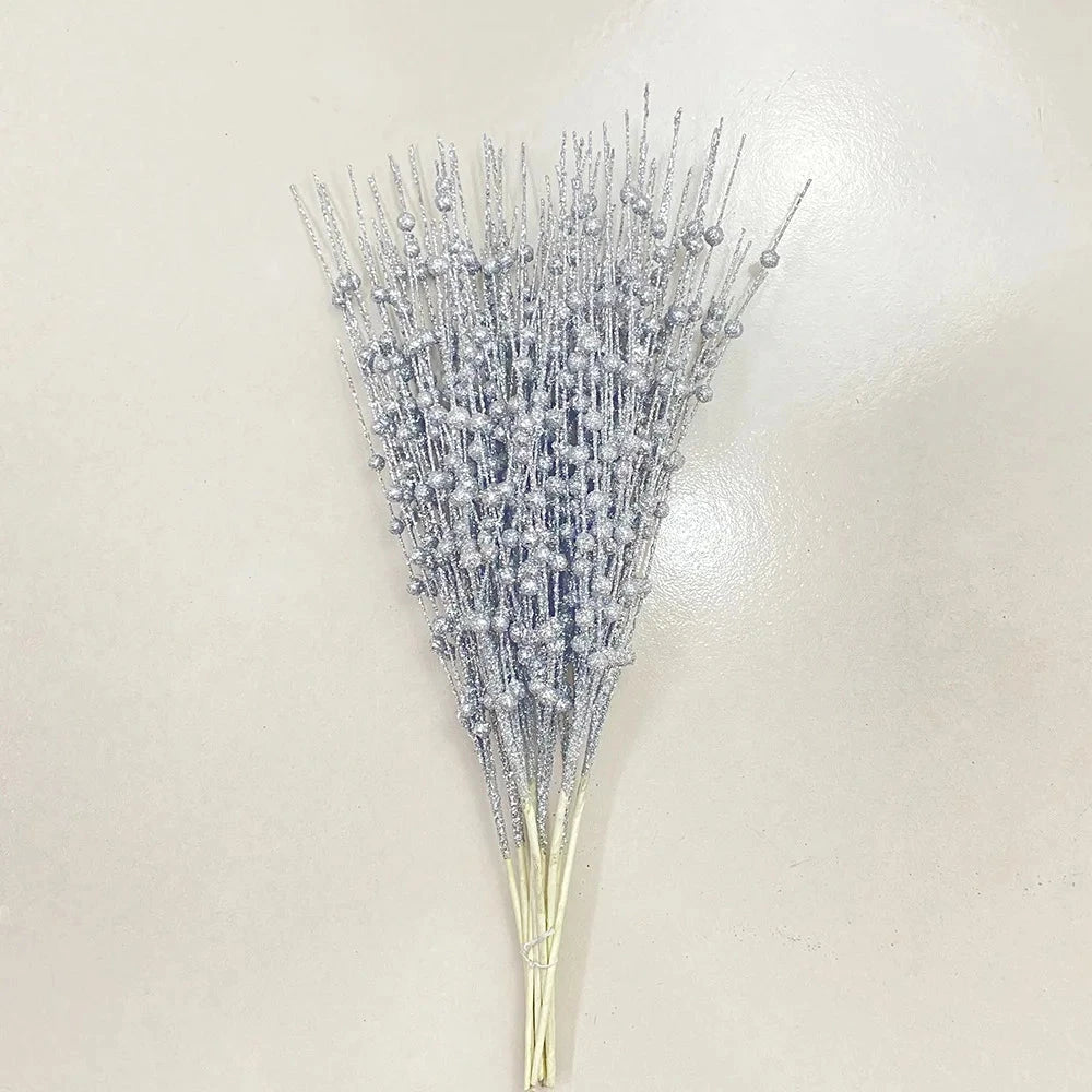 Christmas Tree Decoration, Fake Glitter Berry Leave, Dried Branch, Golden Powder, Flower Material, New Year Party, 1Pc, 12 Forks Good Vibrations