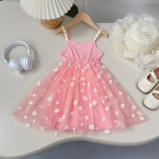 Summer Pink Cute And Cool Halter Dress Small Daisy Flower Mesh Puffy Princess Dress Children's Clothing Good Vibrations
