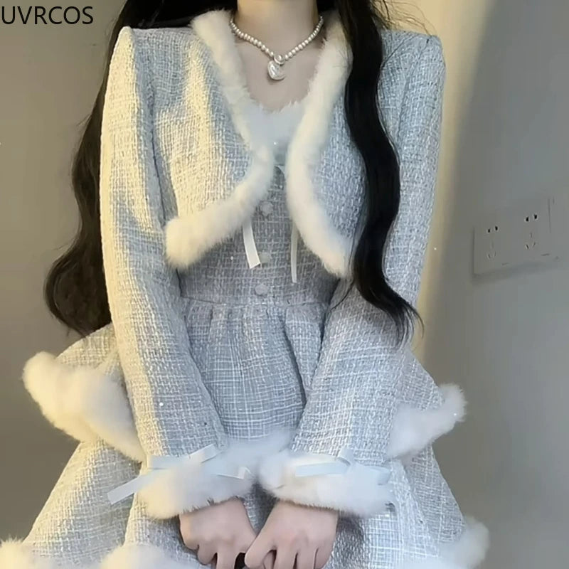 Korean Style Elegant Tweed Plaid Dress Sets Women Plush Patchwork Short Woolen Jackets Sexy Bow Mini Skirt Japanese Fashion Suit Good Vibrations Adult Super Store