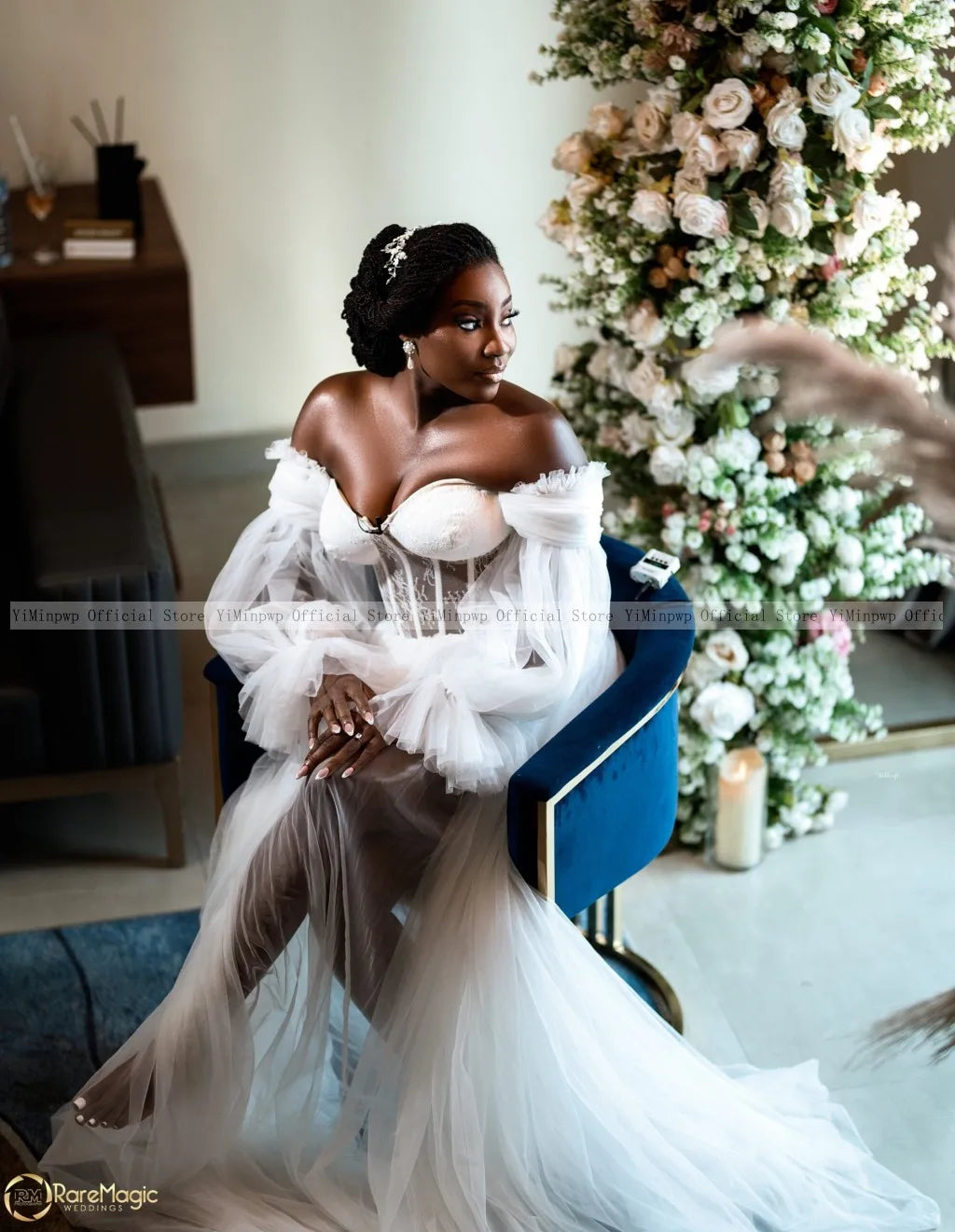 White Bride Robes for Wedding Tulle Lace Bridal Shower Dresses Off Shoulder Long Sleeve Side Split Sweep Train A Line Customized Good Vibrations