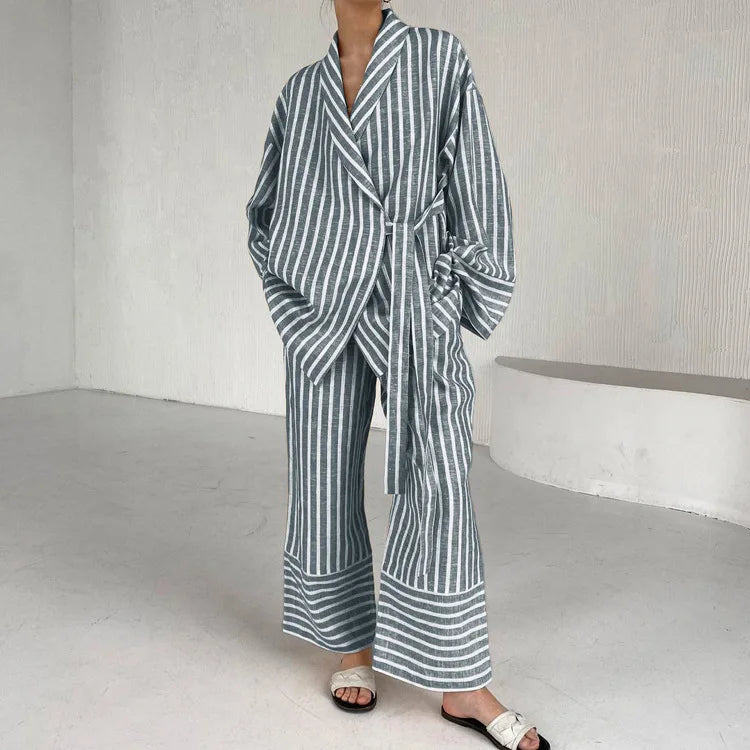Women's Two-piece Set Autumn New Striped Long-sleeved Loose Lace-up Top High-waisted Trousers Fashion Casual Suit for Women Good Vibrations