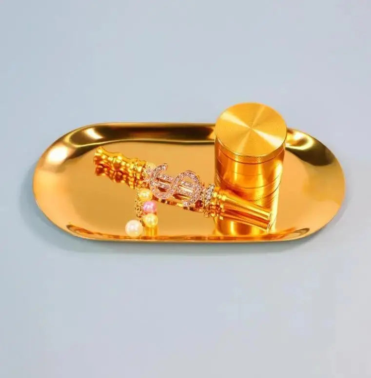 Tobacco kit metal rolling tray set with spice grinder on display.