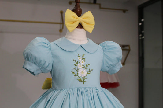 Baby Girl Summer Blue Yellow Daisy Embroidery Turkish Vintage Princess Dress for Birthday Holiday Easter Photography Eid B222 Good Vibrations