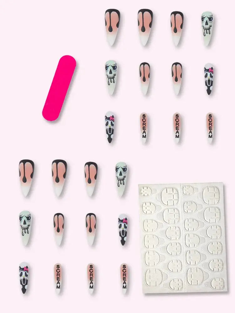 24pcs Long Sharp Halloween Series Horror Ghost Matte Fake Nails Horror Theme Fingernails for Halloween Party Good Vibrations