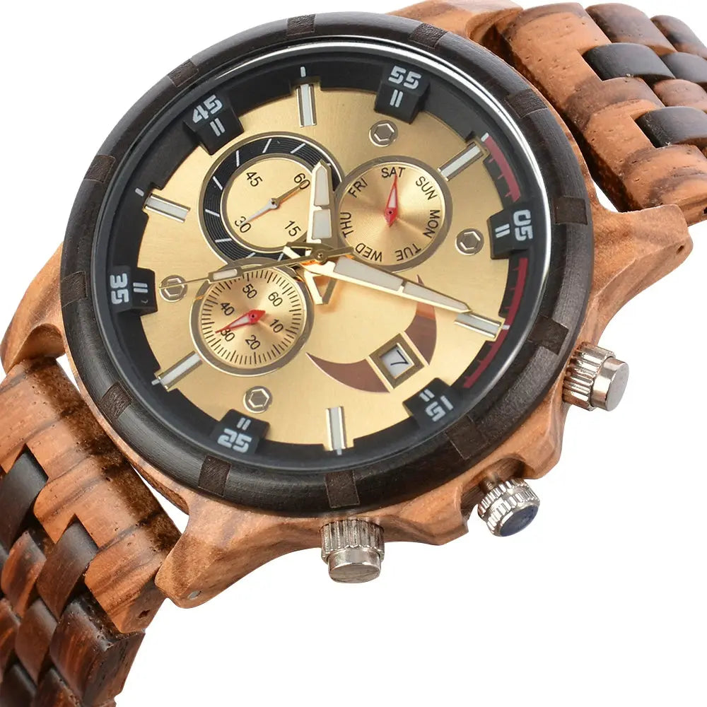 Wooden Wrist Watches For Men Fashion Quartz Wristwatches With Clock Date Week Timepieces Wood Wach Box for Him reloj hombre Good Vibrations