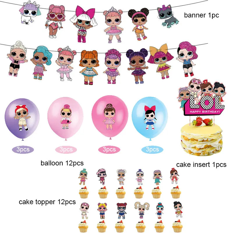 Girl Surprise Theme Backdrop Cute Shiny Doll Birthday Party Decoration Pink Latex Balloon Disposable Tableware Plate Cake Topper Good Vibrations