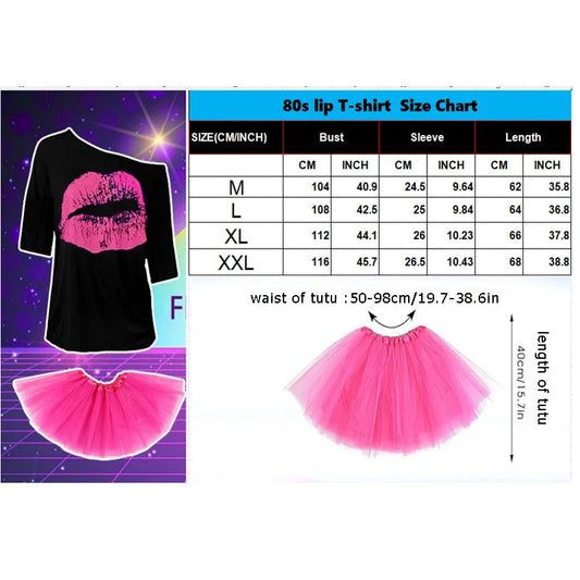 Women 80s Vintage Outfit Drop Shoulder Tee Tutu Skirt Waist Bag Necklace Earrings Bracelet Ankle Socks Costume Set Good Vibrations