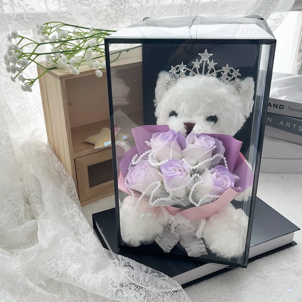 1pcs Plush Bear Rose Flower Bouquet Gift Box Luxury Artificial Soap Flowers Wedding Birthday Christmas New Year Party Decor Prop Good Vibrations