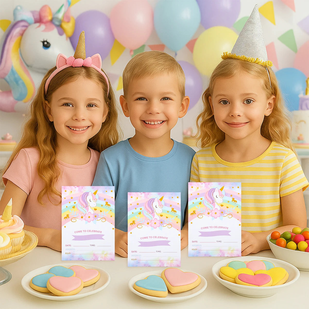 12pcs Invitation Card Unicorn Rainbow Balloon Envelope Card Girl Unicorn Theme Party Invitation Happy Birthday Party Decoration Good Vibrations