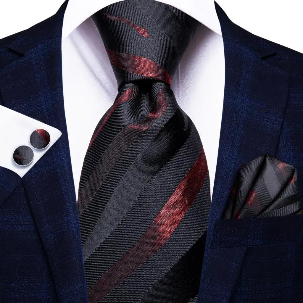 Hi-Tie Designer Red Burgundy Plaid Silk Wedding Tie For Men Handky Cufflink Gift Mens Necktie Fashion Business Party Dropshiping Good Vibrations