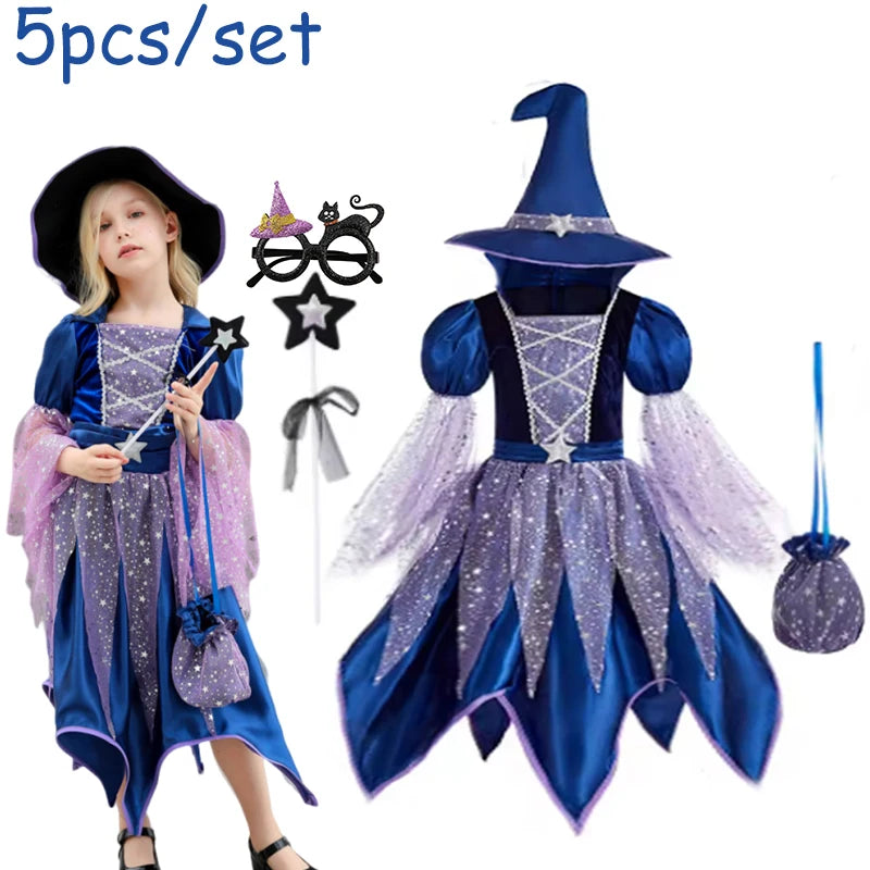 Halloween Party Costumes Witch Dress for Girls Kids Cosplay Carnival Witch Costume Pumpkin Dress Up With Bag Hat Wand Clothing Good Vibrations