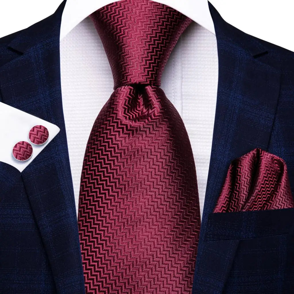 Hi-Tie Designer Red Burgundy Plaid Silk Wedding Tie For Men Handky Cufflink Gift Mens Necktie Fashion Business Party Dropshiping Good Vibrations