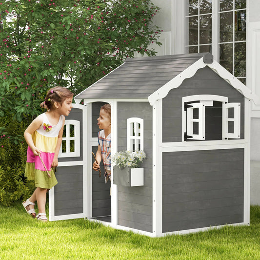 Outsunny Playhouse for Kids, Outdoor Wooden Playhouse with Floor, Door, Windows & Planter Box for 3-8 Year Olds, Backyard Good Vibrations