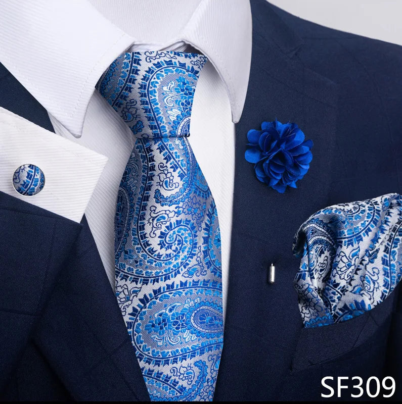 Luxury Mens Ties Floral Black Gold Ties Paisley NeckTie Pocket Square Cufflinks Brooch Set Men's Wedding Party Tie Good Vibrations