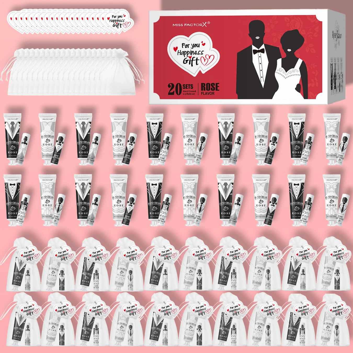 20 sets of wedding dress and suit theme gifts include hand cream, lipstick, white drawstring bag and wedding love greeting card