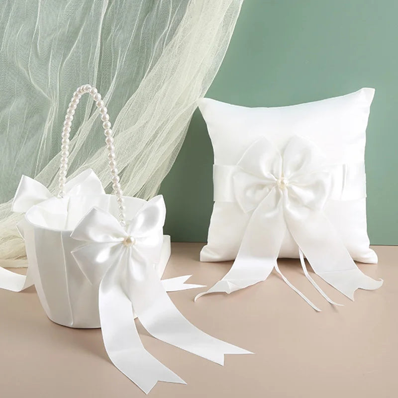 Flower Girl Basket Ring Bearer Pillow Set White Romantic Satin Bow Pearls Ring Pillow For Bride/Kid Wedding Ceremony Party Decor Good Vibrations