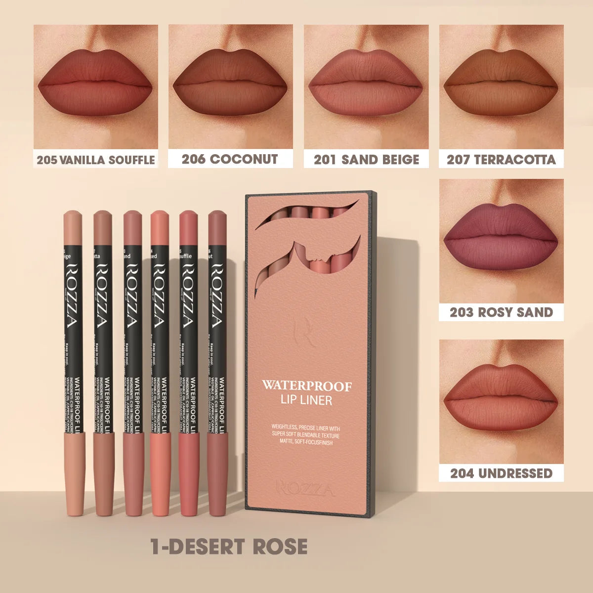 Rozza Waterproof Lip Liner Pencil Set, Weightless Precise Liner with Super Soft Blendable Texture Matte Soft Good Vibrations