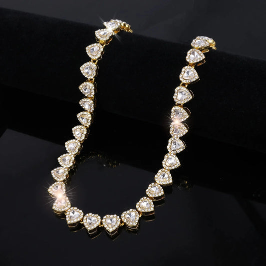 ZAKOL 45CM New Hip Hop Tennis Chain Bracelet Necklace Shiny Heart Rhinestone CZ Fashion Rock Party Jewelry Set Good Vibrations Adult Super Store