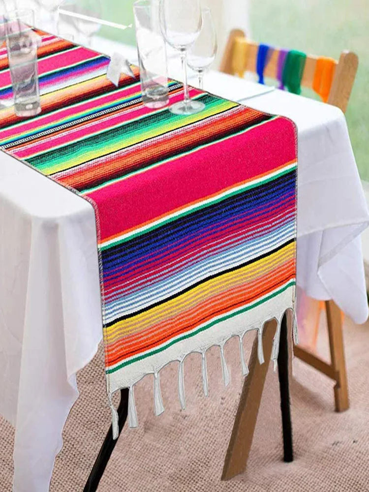 Mexican Pinata Party Serape Colorful Striped Fringe Cotton Table Runner Decorations Hand Woven Blanket Home Wedding Table Cover Good Vibrations