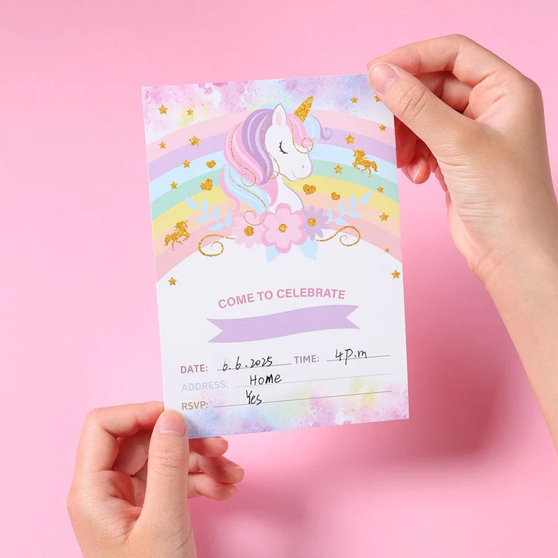 12pcs Invitation Card Unicorn Rainbow Balloon Envelope Card Girl Unicorn Theme Party Invitation Happy Birthday Party Decoration Good Vibrations