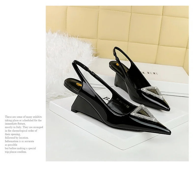 Wedges Women Shoes High Heel Shallow Pointed Toe Hollow Back Straps Patent Leather Triangle Metal Crystal Buckle Pumps Good Vibrations
