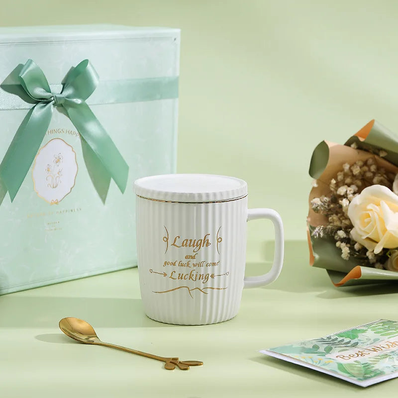 Lucky Coffee Mug Towel Flower Gift Set for Wedding Birthday Anniversary Ceramic Water Cup Mother Girl Friend Gift Bag Good Vibrations