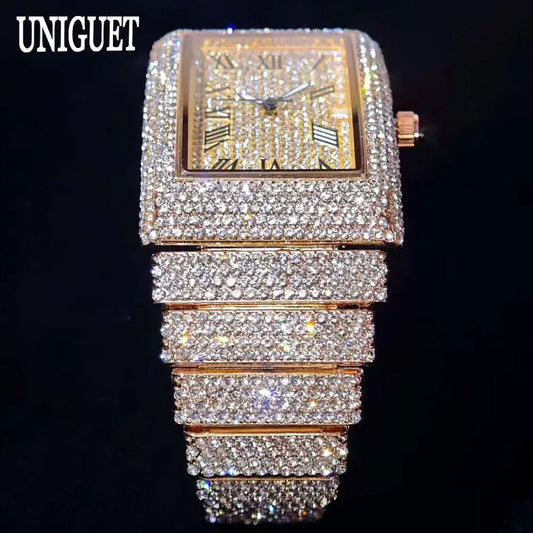 Fashion Rose Watch For Men Luxury Stainless Street Hip Hop Ice Diamond Rectangle Wristwatch Male With Calendar Rlógios Masculino Good Vibrations