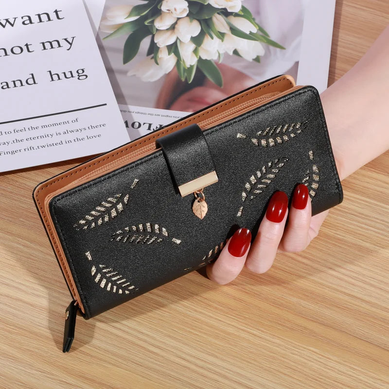Women Wallet PU Leather Purse Female Long Wallet Gold Hollow Leaves Pouch Handbag For Women Coin Purse Card Holders Clutch Good Vibrations