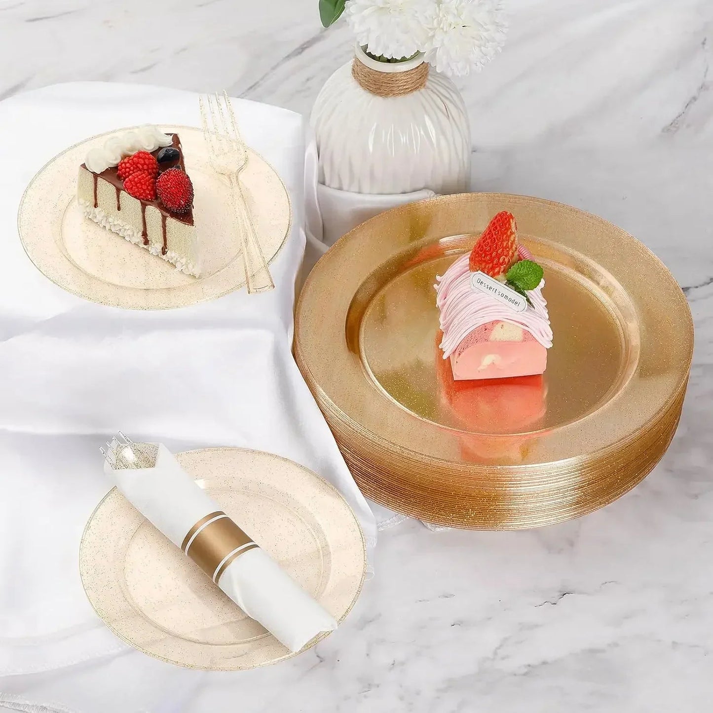 NEW 350 Piece Rose Gold Plastic Dinnerware Set for Party, Include: 50 Dinner Plates, 50 Dessert Plates, 50 Pre Rolled Napkins Good Vibrations