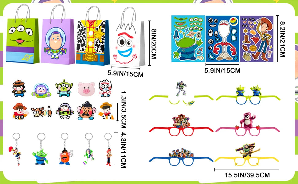 Cartoon Party Favors for Kids, 50pcs Cartoon Birthday Party Favors Set- Cartoon Goodie Bags Key Chains Stickers Photo Props etc Good Vibrations