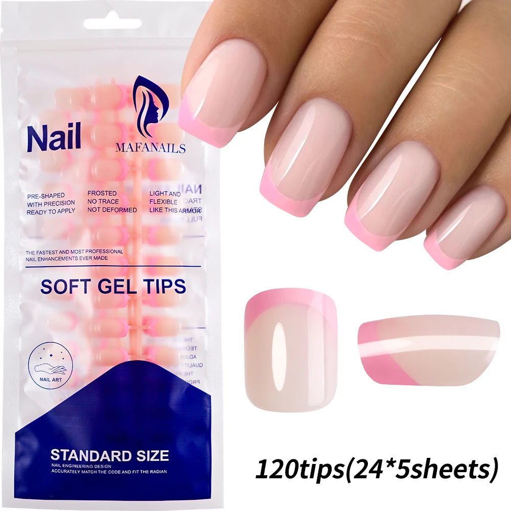 120pcs Pink French Tip Press-On Nails Medium Length Square Shape With Glossy Finish False Nails Full Cover Pre-Shaped Fake Nails Good Vibrations