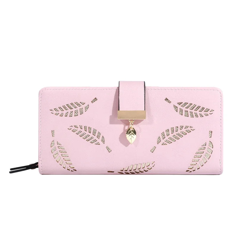 Women Wallet PU Leather Purse Female Long Wallet Gold Hollow Leaves Pouch Handbag For Women Coin Purse Card Holders Clutch Good Vibrations