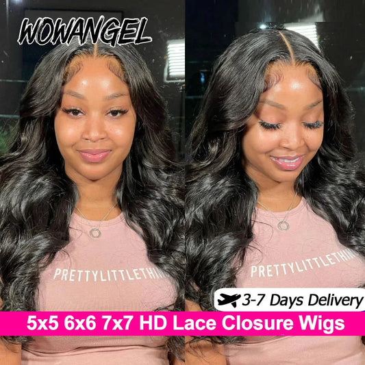 Wow Angel 7x7 HD Lace Closure Wigs 34inch Body Wave Wigs Remy Hair 6x6 HD Lace Closure Human Hair Wigs Pre Plucked Glueless Wigs Good Vibrations