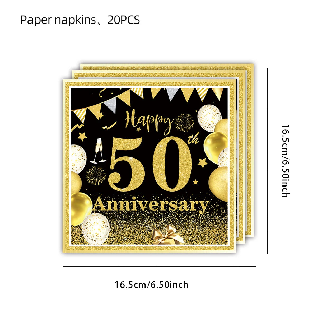 Happy 50th birthday party table supplies, black and gold theme, napkins, 7inch paper cups, tablecloth, plates, party decoration Good Vibrations