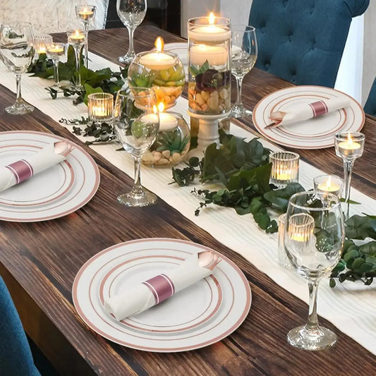 NEW 350 Piece Rose Gold Plastic Dinnerware Set for Party, Include: 50 Dinner Plates, 50 Dessert Plates, 50 Pre Rolled Napkins Good Vibrations