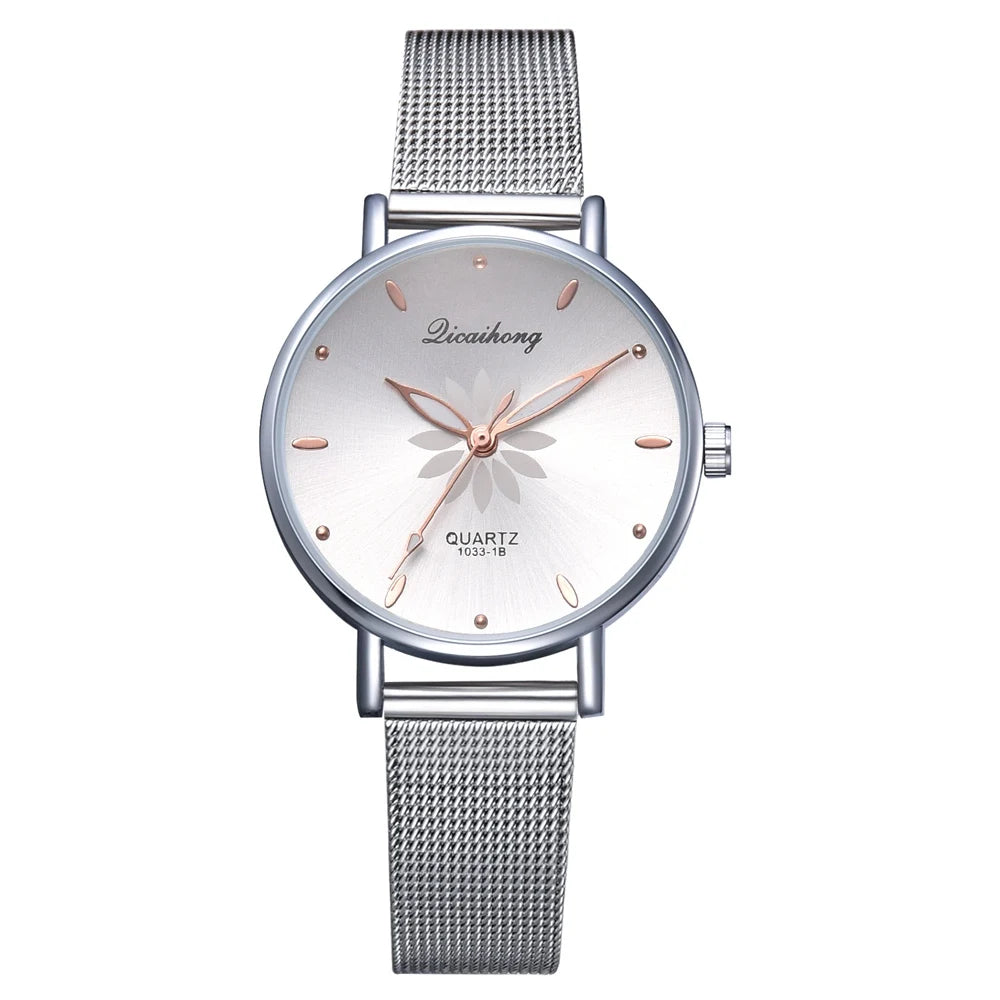 Watches For Women Luxury Silver Popular Pink Dial Flowers Metal Ladies Bracelet Quartz Clock Ladies Wrist Watch New Clock Good Vibrations