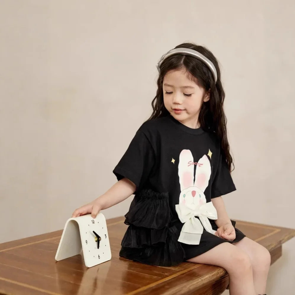 Girls Short Sleeved Dress Summer Girl long T-shirt Skirt 3-10 Years Old Fashionable Cartoon Children Clothing Good Vibrations