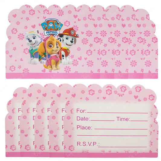 10/20/30Pcs Pink Skye Paw Patrol Party Invitations Girls Paper Cartoon Invitation Cards for Kids Birthday Baby Shower Decoration Good Vibrations