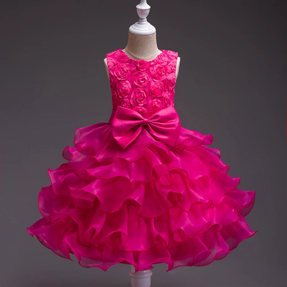 Girl's bow dress A dress with suspenders Rose flower girl wedding dress