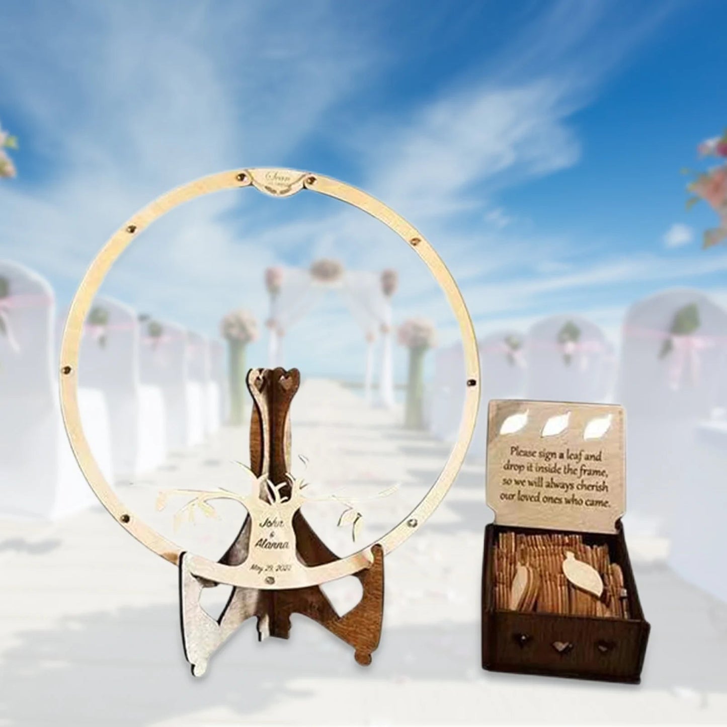 Wedding Guest Book Alternative Wooden Card Box 60 Wood Leaves for Reception Good Vibrations