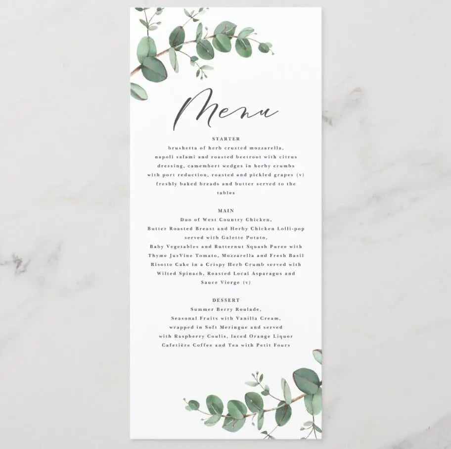 Customizable Wedding Menu, Personalized Wedding Menu, Green leaves and Flowers Menu Cards for Wedding, Custom Wedding Table Menu Good Vibrations