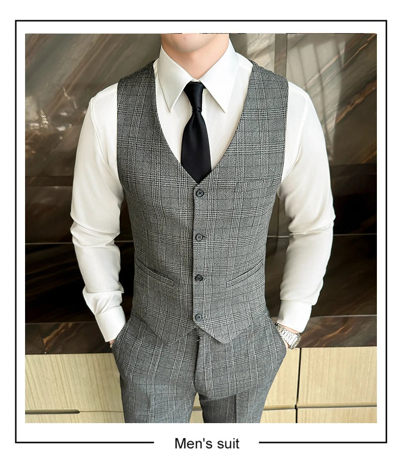 Quality Three-piece Suit Vest Trousers Set for Men Korean Fashion Slim Fit Business Casual Wedding Handsome Style