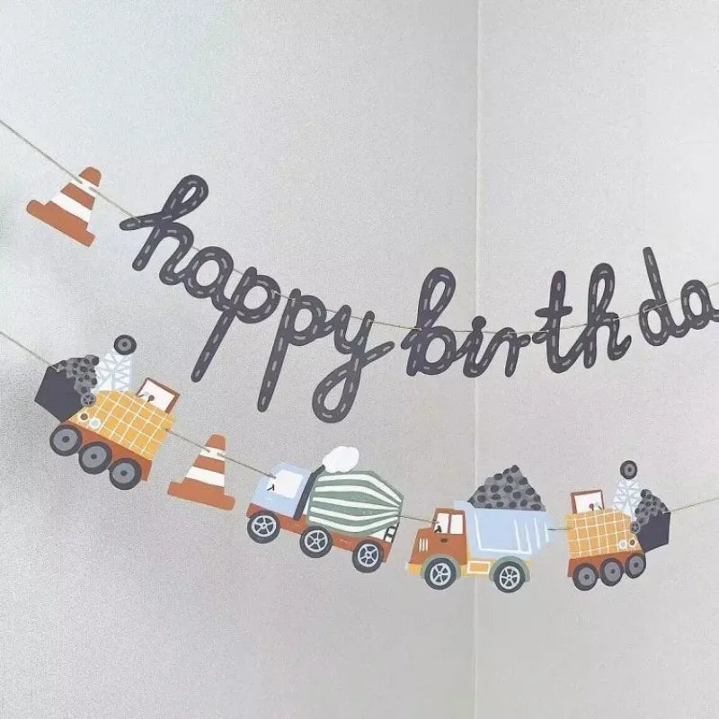 Building Construction Themed Happy Birthday Banner Party Decoration Tractor Excavator Flag Kids Boys Party Supplies Baby Shower Good Vibrations