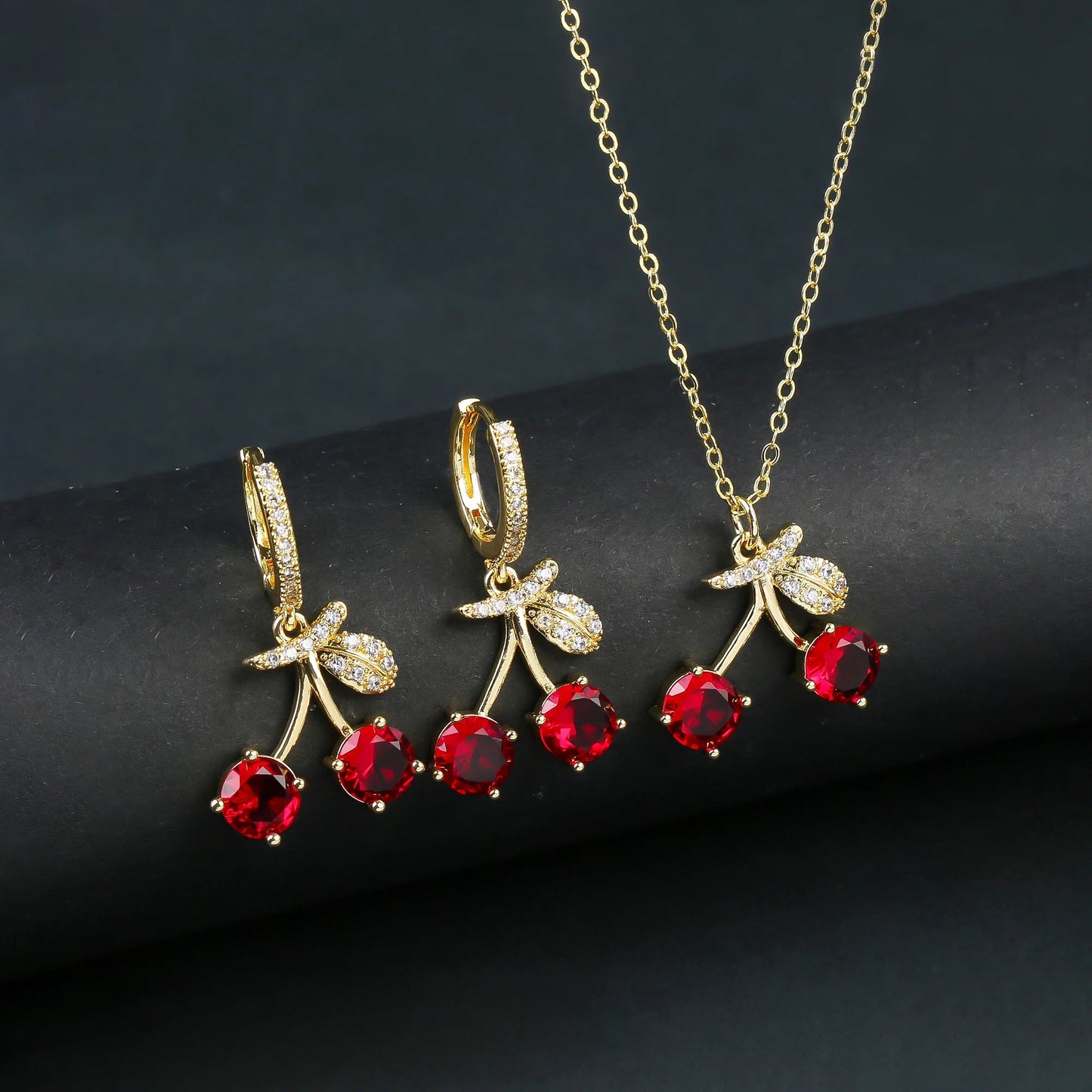 Light Luxury Crystal Zirconia Red Cherry Jewelry Set Earrings Necklace for Women Girls Sweet Jewelry Accessories Party Gifts Good Vibrations Adult Super Store