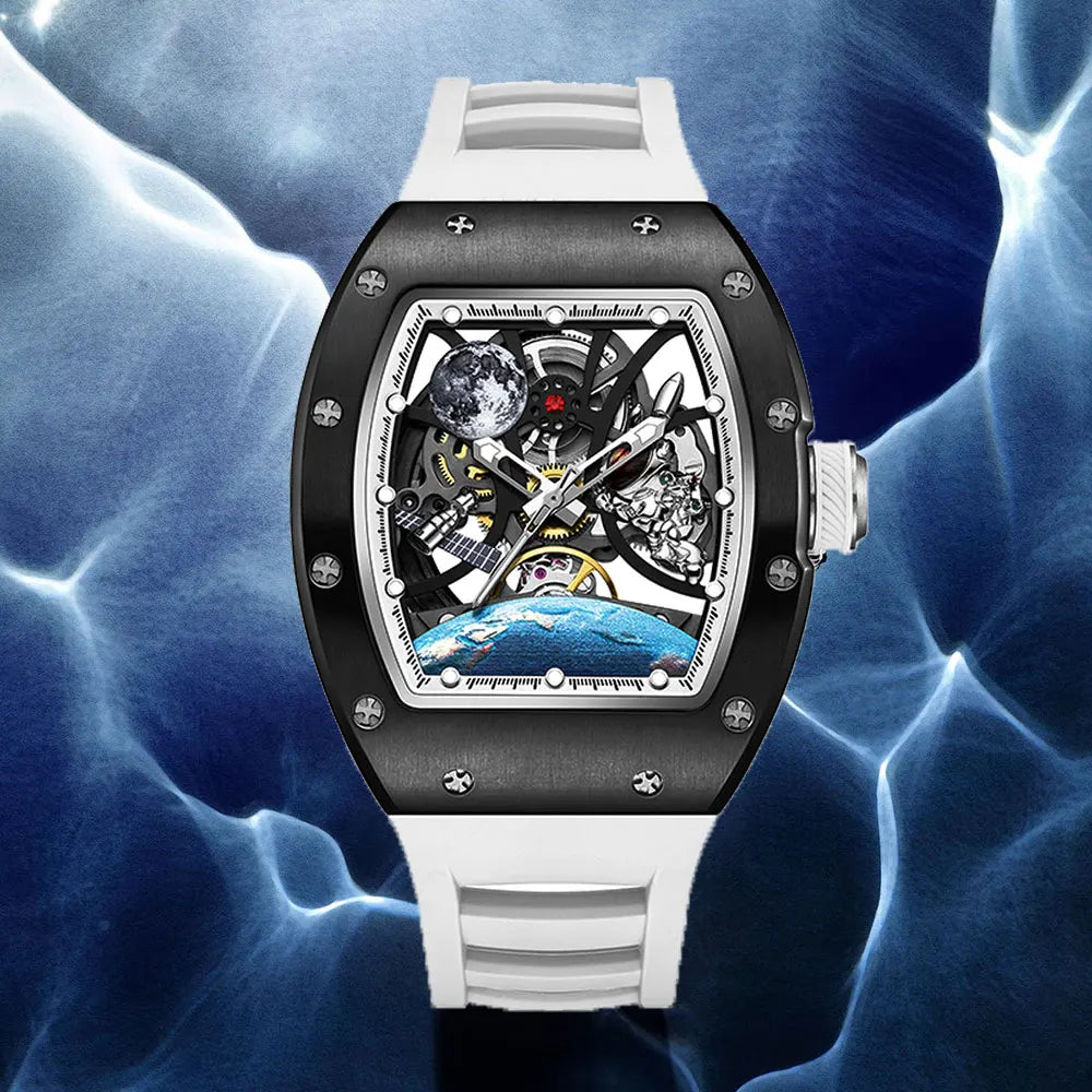 Men's Automatic Watches for Men Fashion Tonneau Mechanical Clock Earth Dial Waterproof Luxury Luminous Skeleton Mens WristWatch Good Vibrations