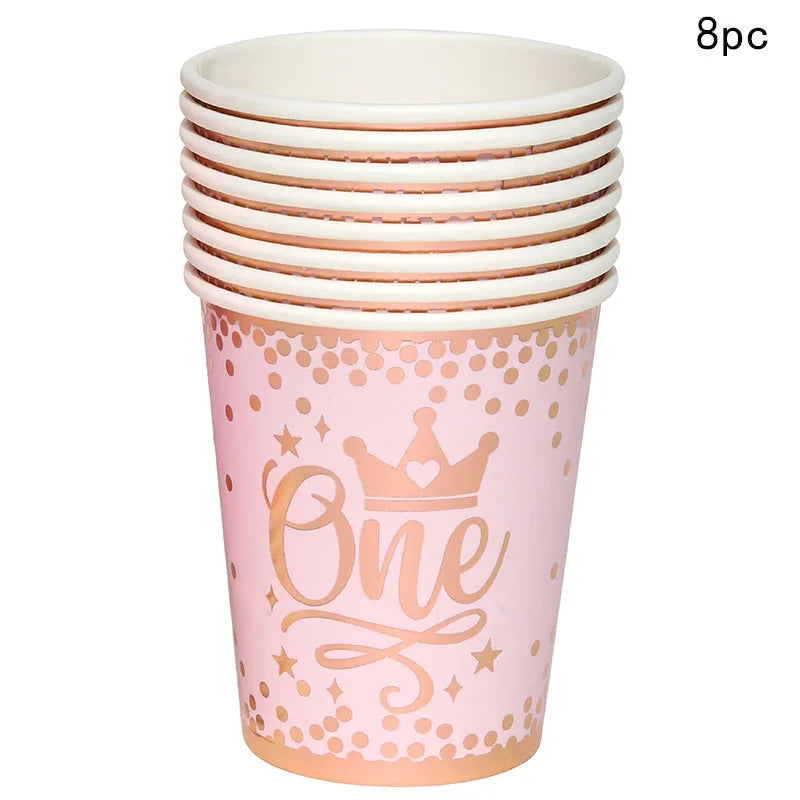 8Guests Pink One Year Old Birthday Disposable Tableware Crown Plates Cups Napkins Girls Princess Happy One 1st Birthday Party Good Vibrations