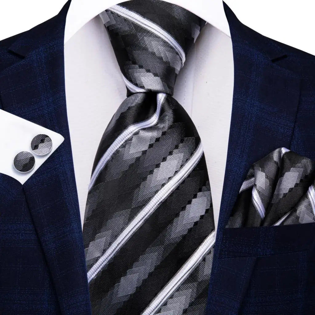 Black Red Striped Silk Wedding Tie For Men Handky Cufflink Gift Men Necktie Fashion Business Party Dropshiping Hi-Tie Designer Good Vibrations