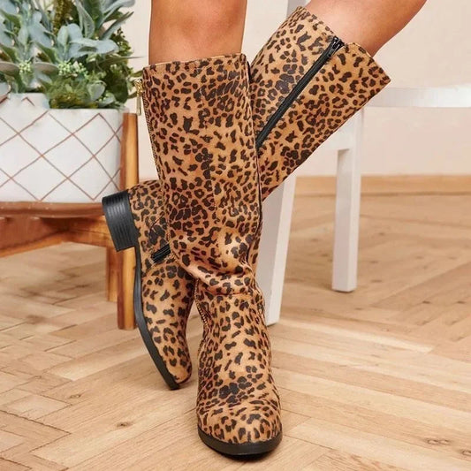 Brown Leopard High Boots Women Boots Platform Shoes for Women Autumn Winter Sexy Mid-calf Cowboy Riding Boots Botas Mujer 2024 Good Vibrations