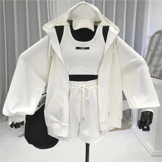Women Coat Super Soft Sports Jacket Polyester Keep Warm Simple Three Pieces Drawstring Shorts Vest Thin Coat Set Good Vibrations