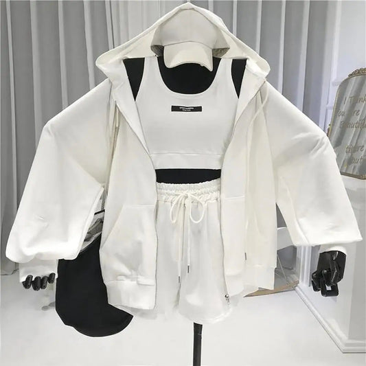 Women Coat Super Soft Sports Jacket Polyester Keep Warm Simple Three Pieces Drawstring Shorts Vest Thin Coat Set Good Vibrations